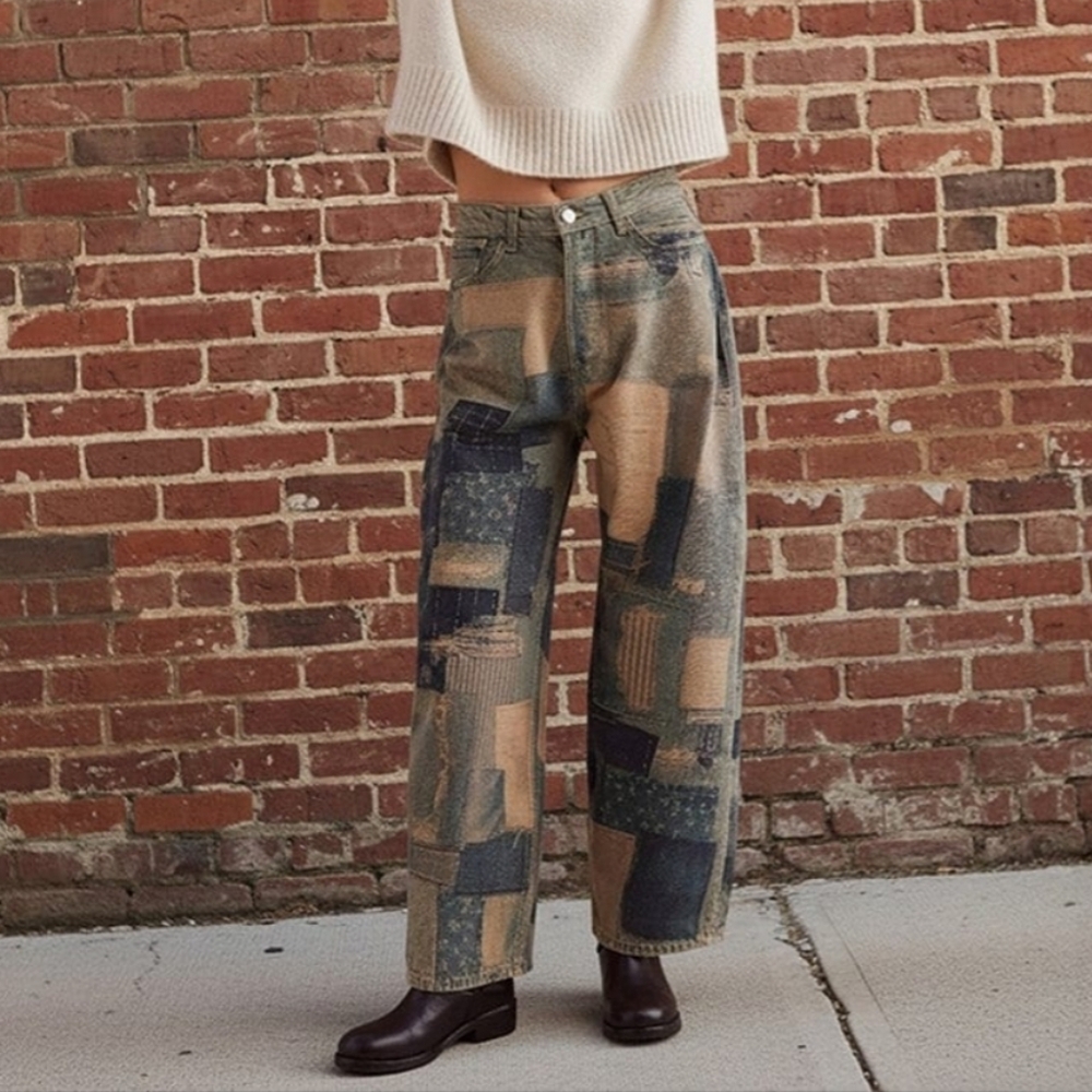 Free People Illusions Patchwork Printed Jeans Barrel Leg Relaxed Indigo 27 NWT - Picture 15 of 15